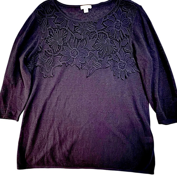 J Jill women’s Lightweight Black Sweater withh Graceful Lace Design Size medium - Picture 1 of 6
